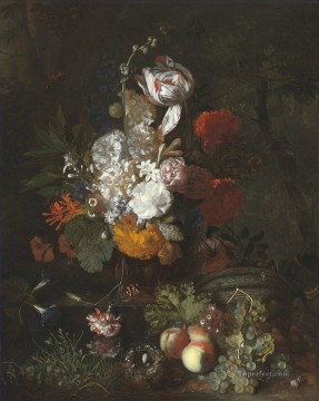 Classical Flowers Painting - A still life with flowers and fruits with a bird nest and eggs Jan van Huysum classical flowers